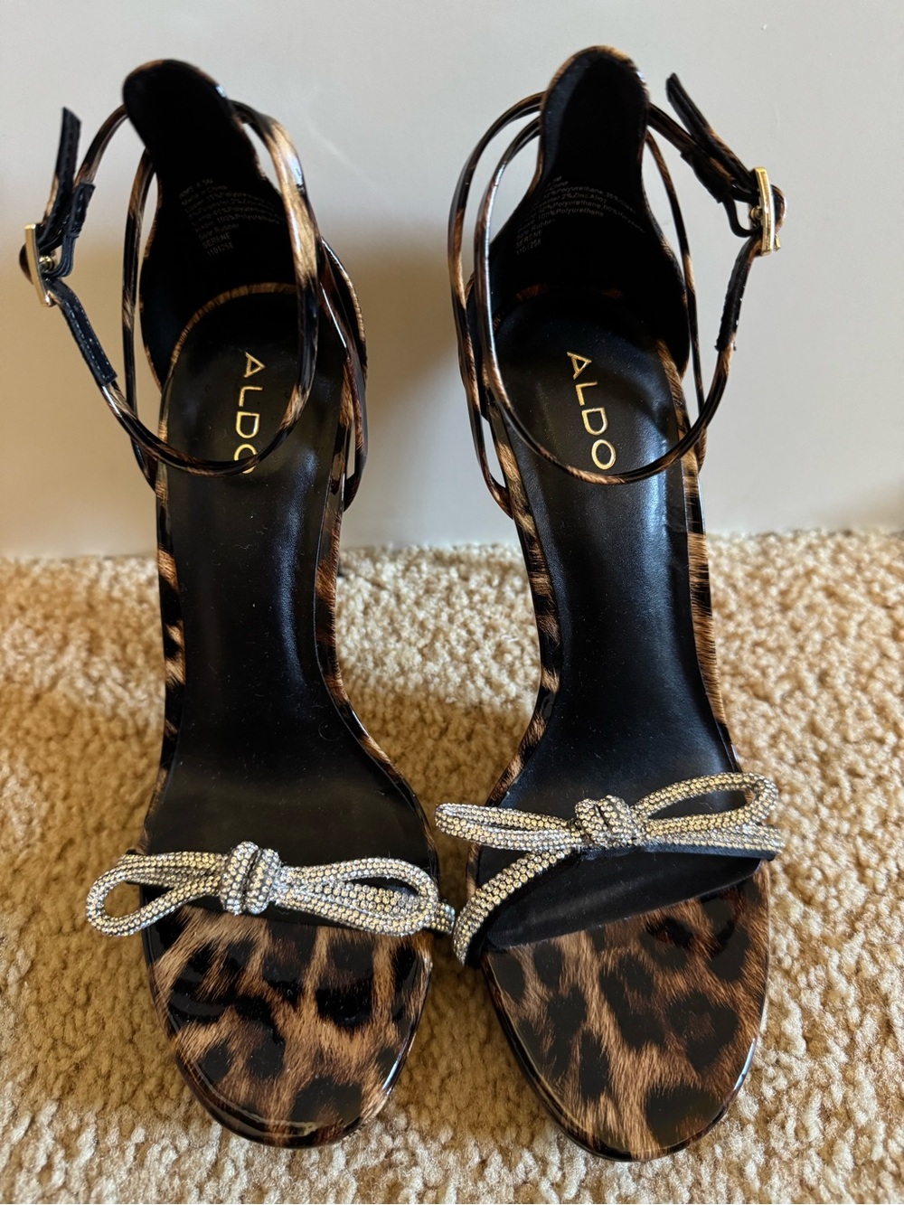 Aldo Leopard Print Ankle Strap Heels with Rhinestone Bow - Black/Tan
